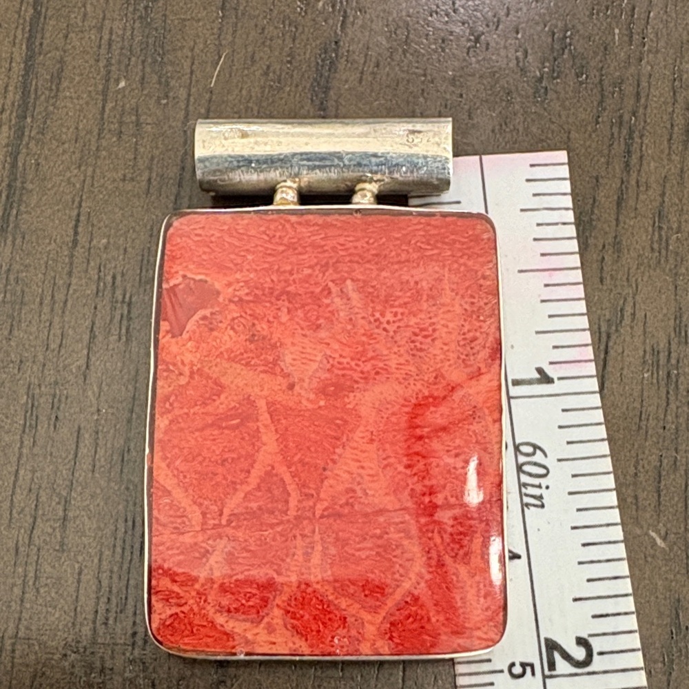 Sterling Silver Red Coral Rectangular Pendant - image 4